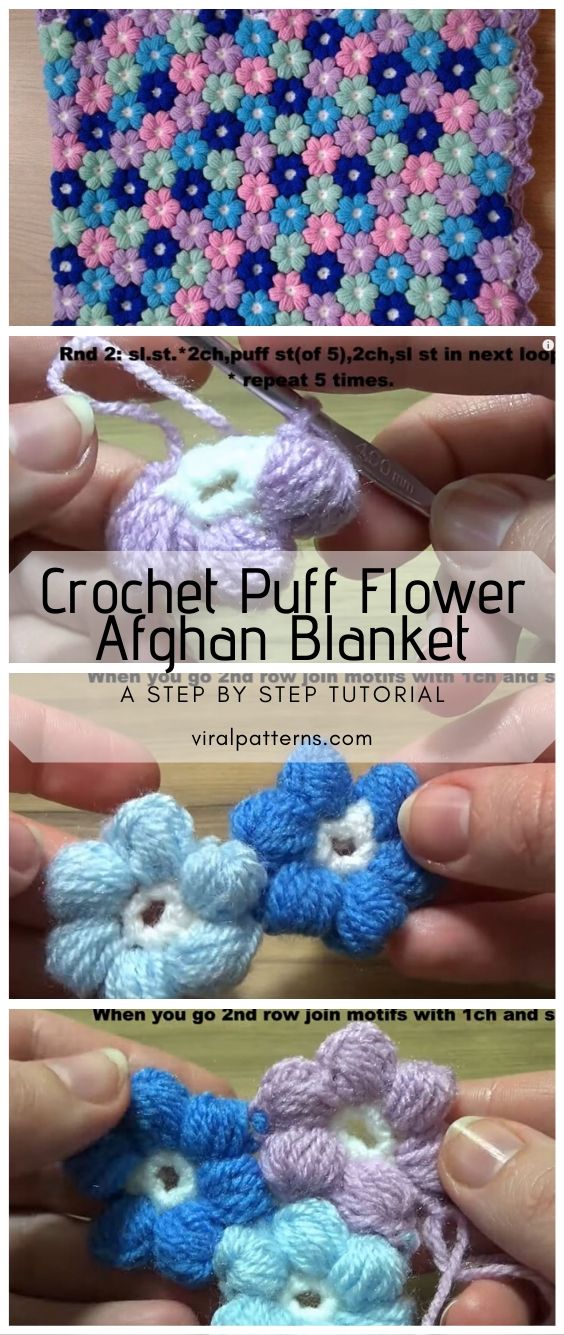 Crochet Puff Flower Afghan Blanket