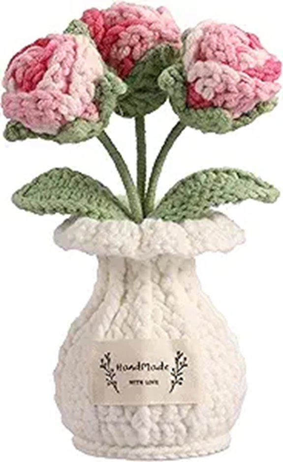 Crochet Pink Rose Potted Plant Decor