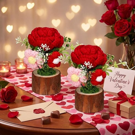 2 Pcs Valentine's Day Crochet Rose Potted Decor